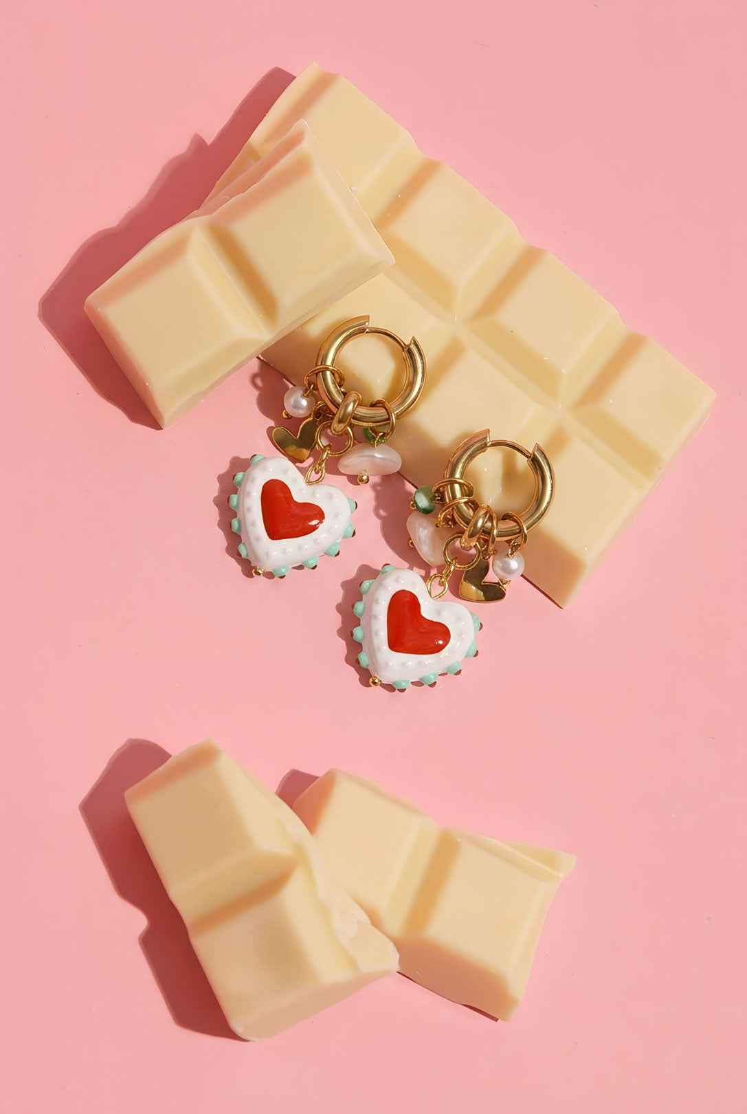 Earrings with hearts, beads and pearl charms