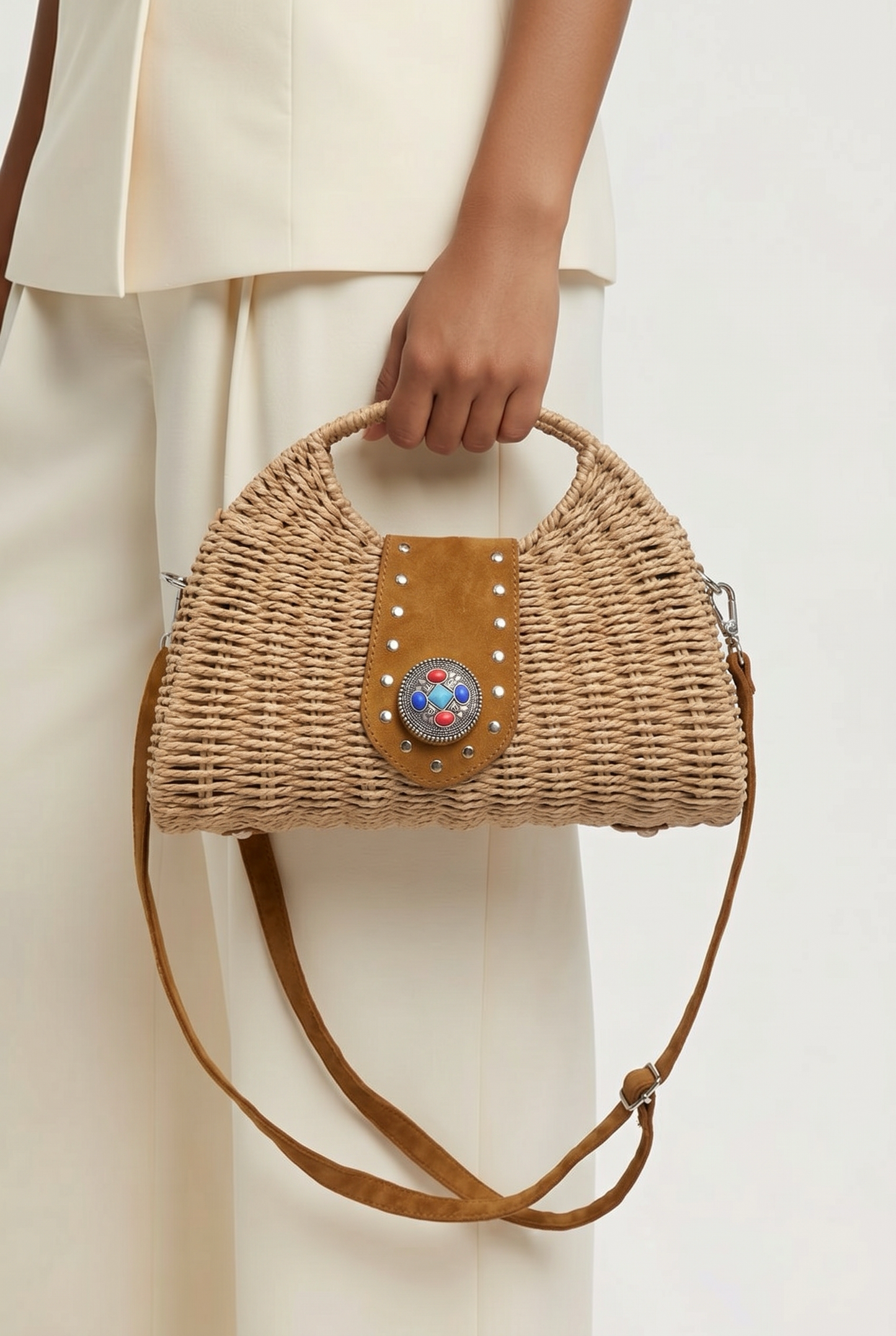 Gevlochten Tas met PU-Lederen Schouderband Beige/Camel