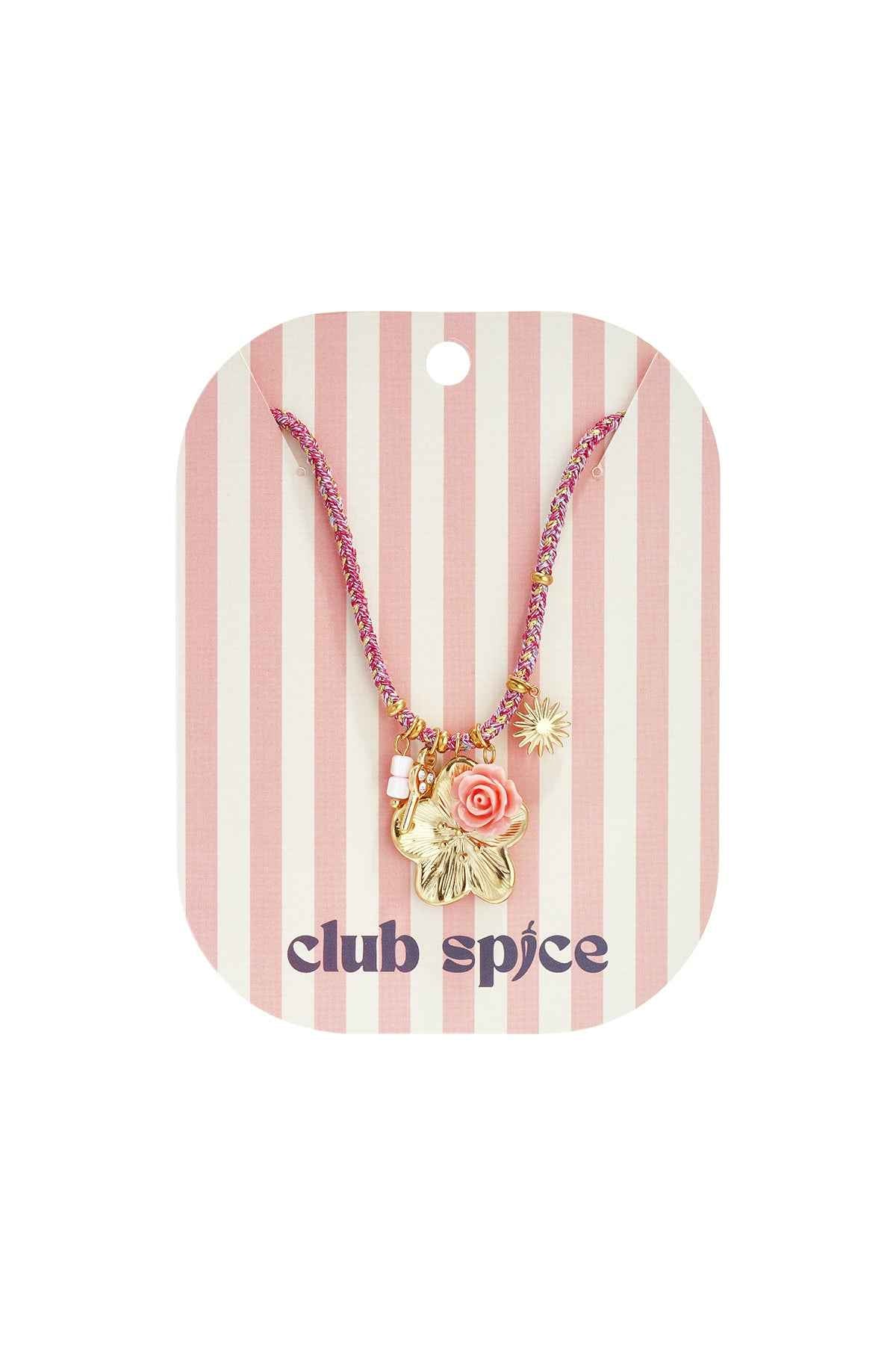 Colorful cord necklace with varying pendants pink