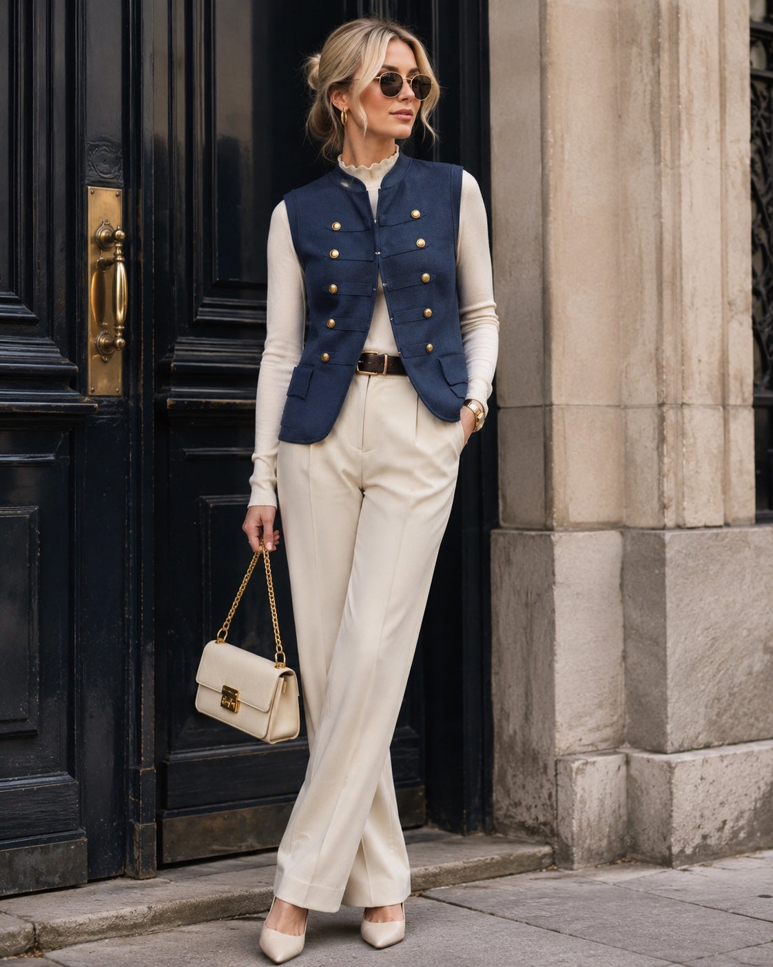 Gilet Claire donkerblauw dames gilet met goudkleurige knopen My Zaya