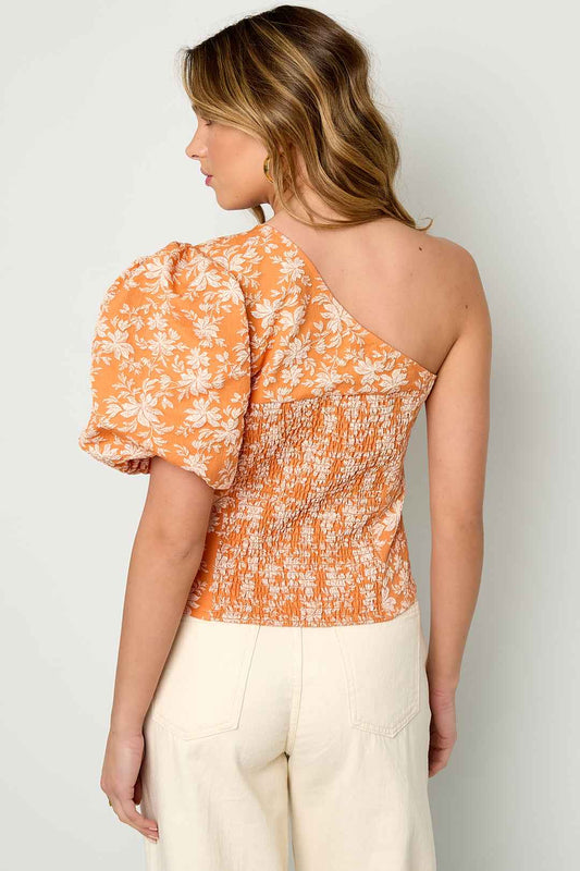 Oranje one-shoulder top met bloemprint en pofmouw