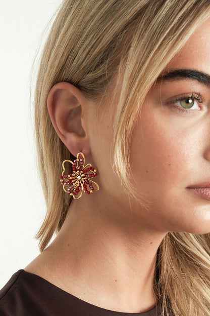 Stylish Orange & Wine Red Crystal Stud Earrings