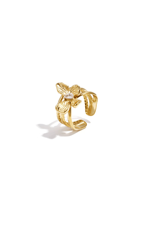 Gelaagde statement ring met bloem en steen