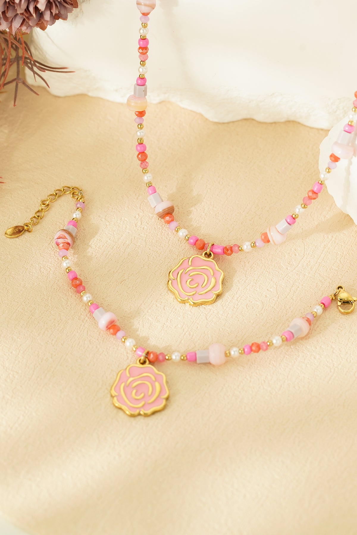 Chic Pink Beaded Bracelet in 304S Steel