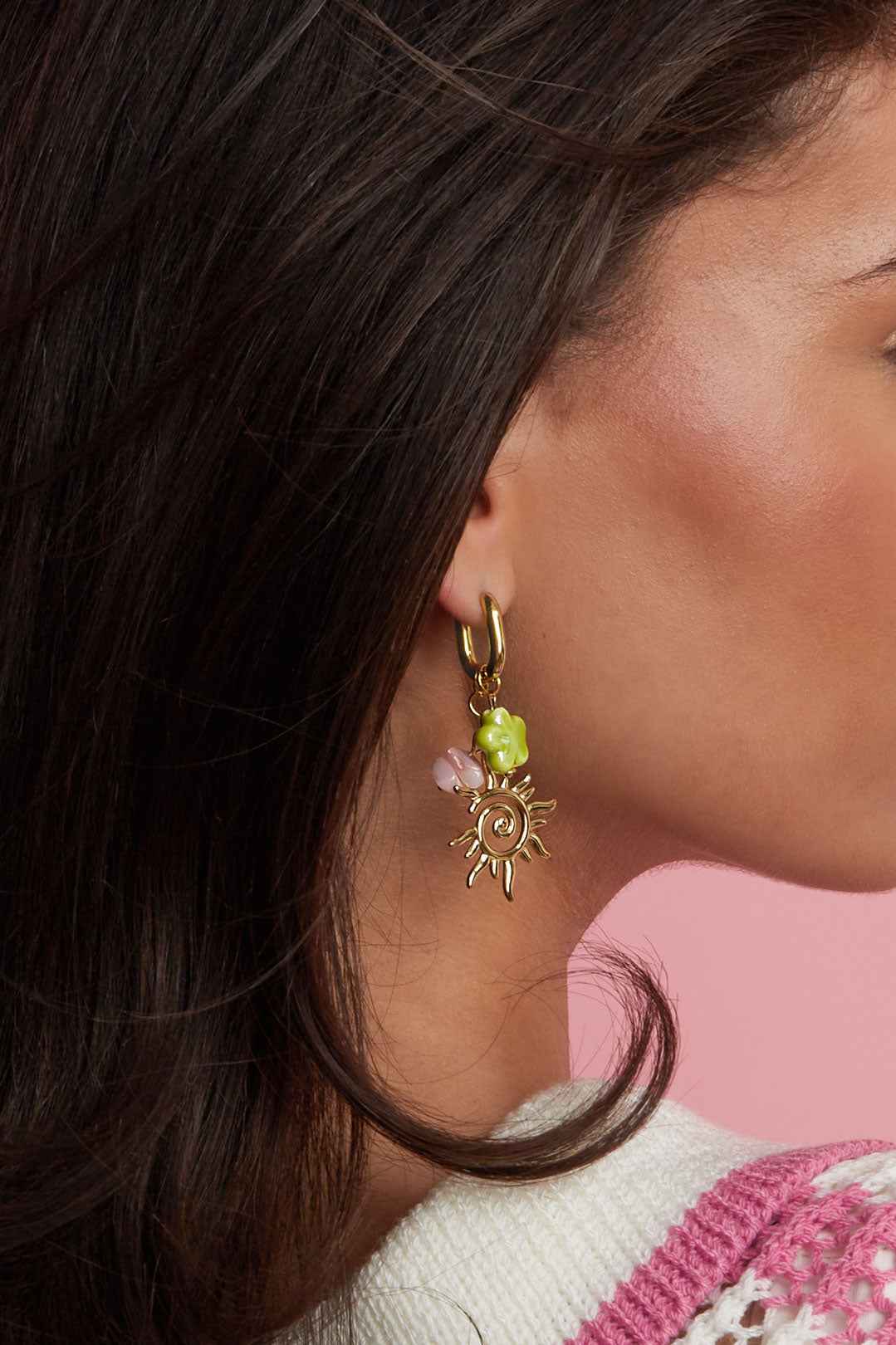 Oval hoop earrings with sun and bead charms