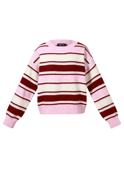 Stylish Khaki, Pink & Dark Brown Striped Knit Sweater