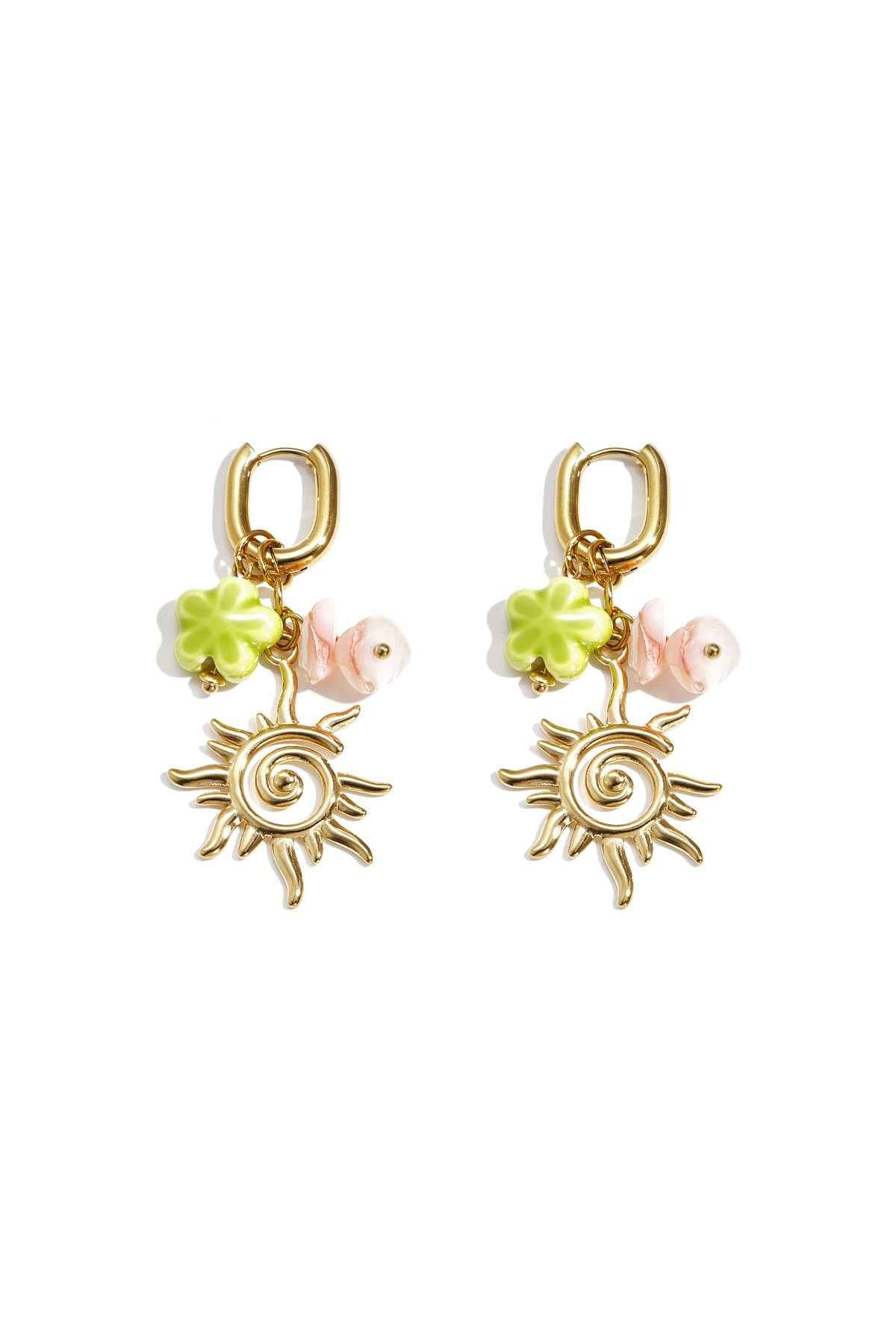 Oval hoop earrings with sun and bead charms