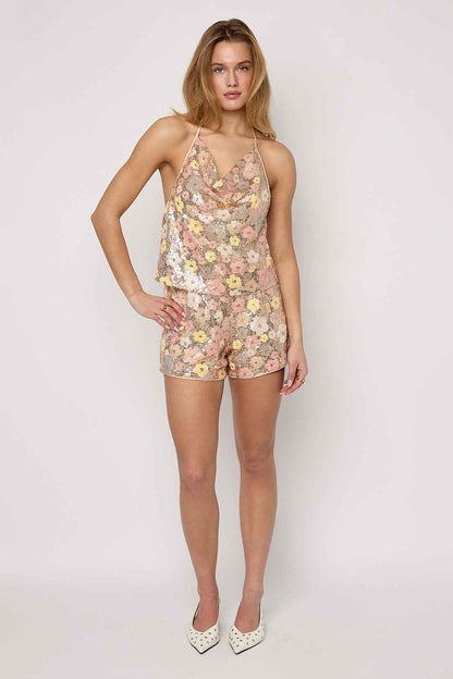 Bloeiende bloemen top met pailletten