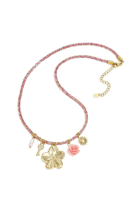 Colorful cord necklace with varying pendants pink