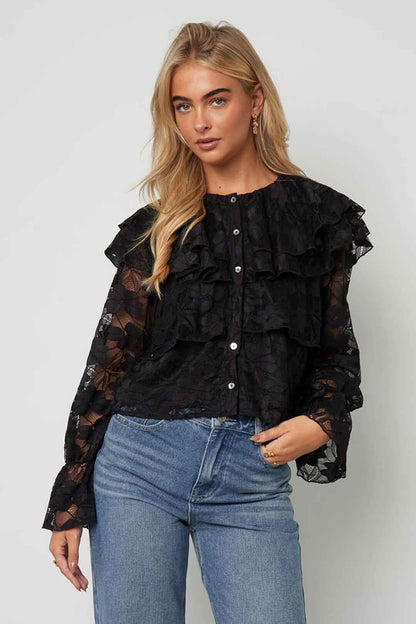 Elegant Floral Lace Panel Woven Shirt for Fall/Winter