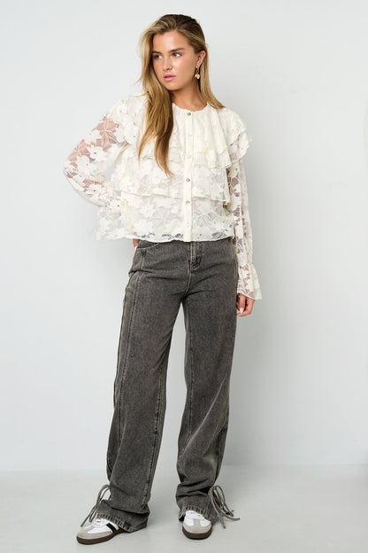 Elegant Floral Lace Panel Woven Shirt for Fall/Winter