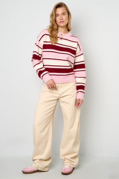 Stylish Khaki, Pink & Dark Brown Striped Knit Sweater