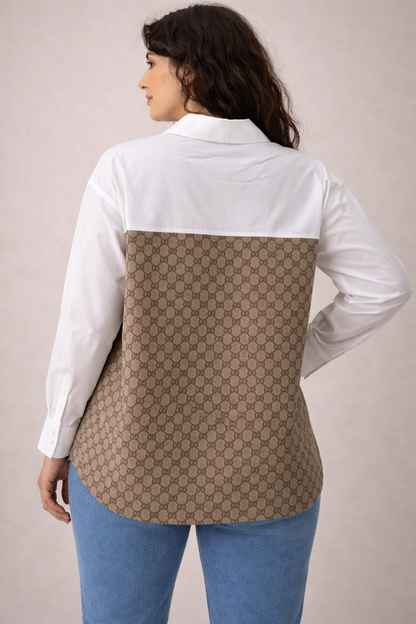 Azzurro blouse achterkant met beige dessin
