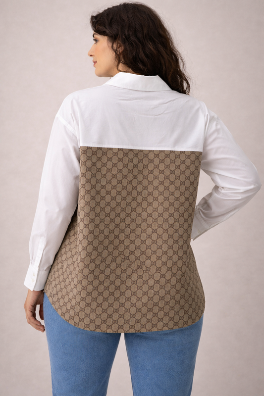 Azzurro blouse achterkant met beige dessin
