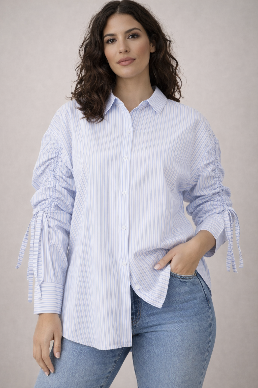 Azzurro gestreepte blouse lichtblauw voorkant
