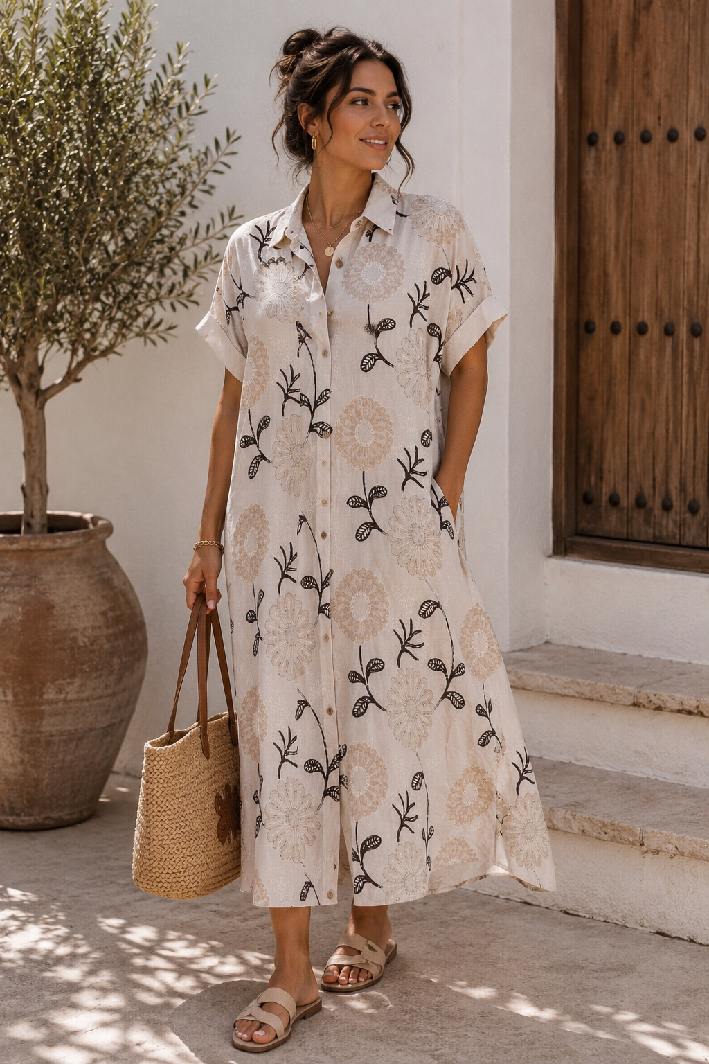 Geborduurde Midi Jurk Beige