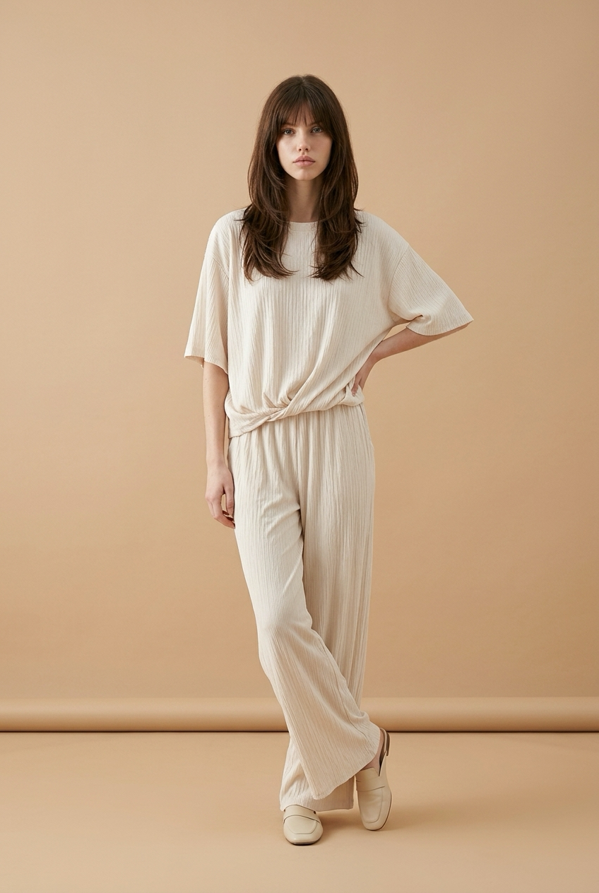 Beige 2-delige rib set dames
