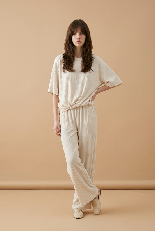 Beige 2-delige rib set dames