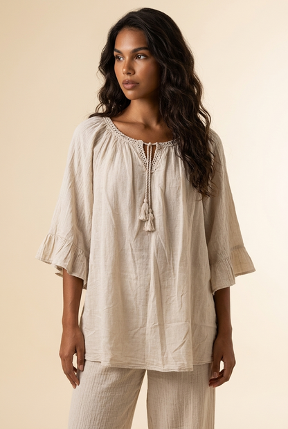 Beige Blouse met Volantmouwen