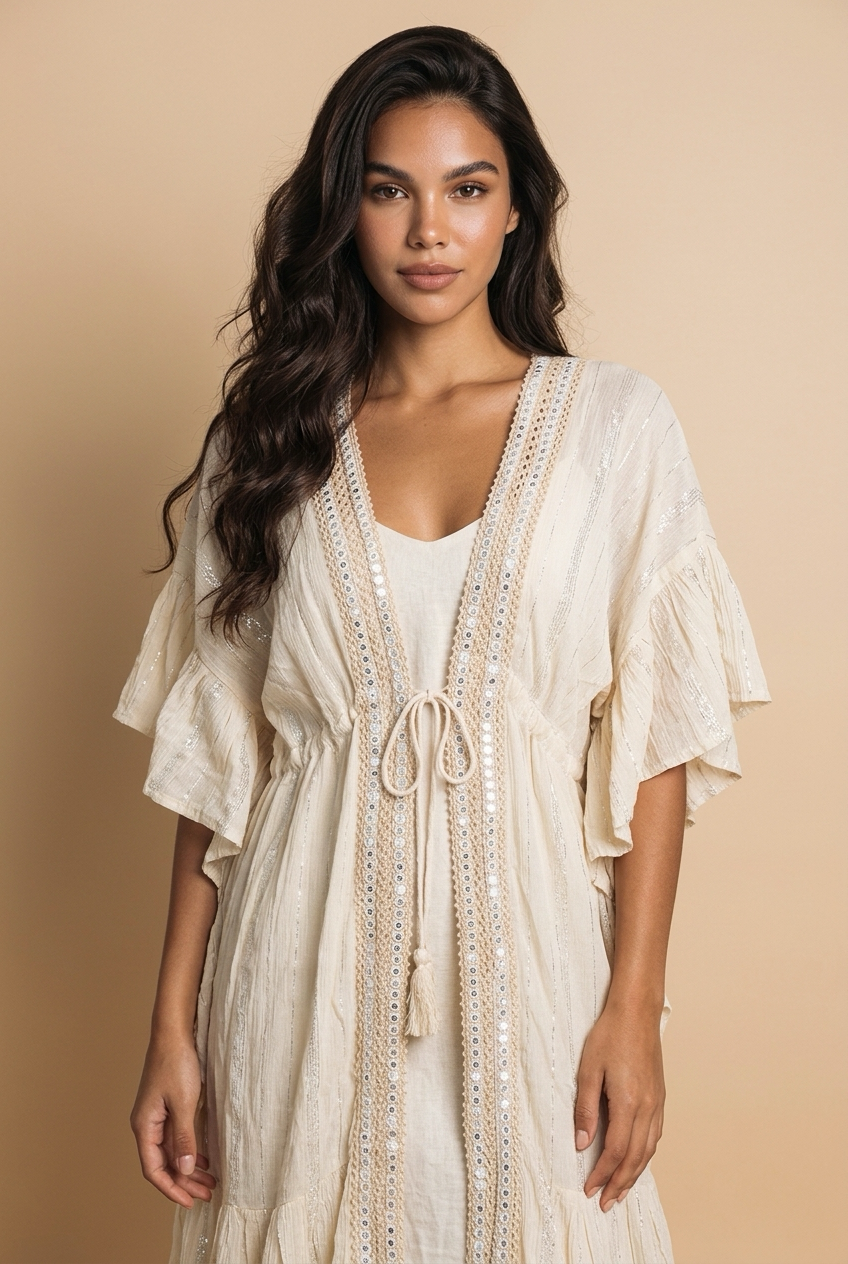 Beige kimono top met kantdetails