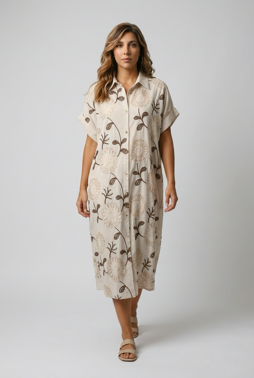 Beige midi jurk met geborduurde bloemenprint