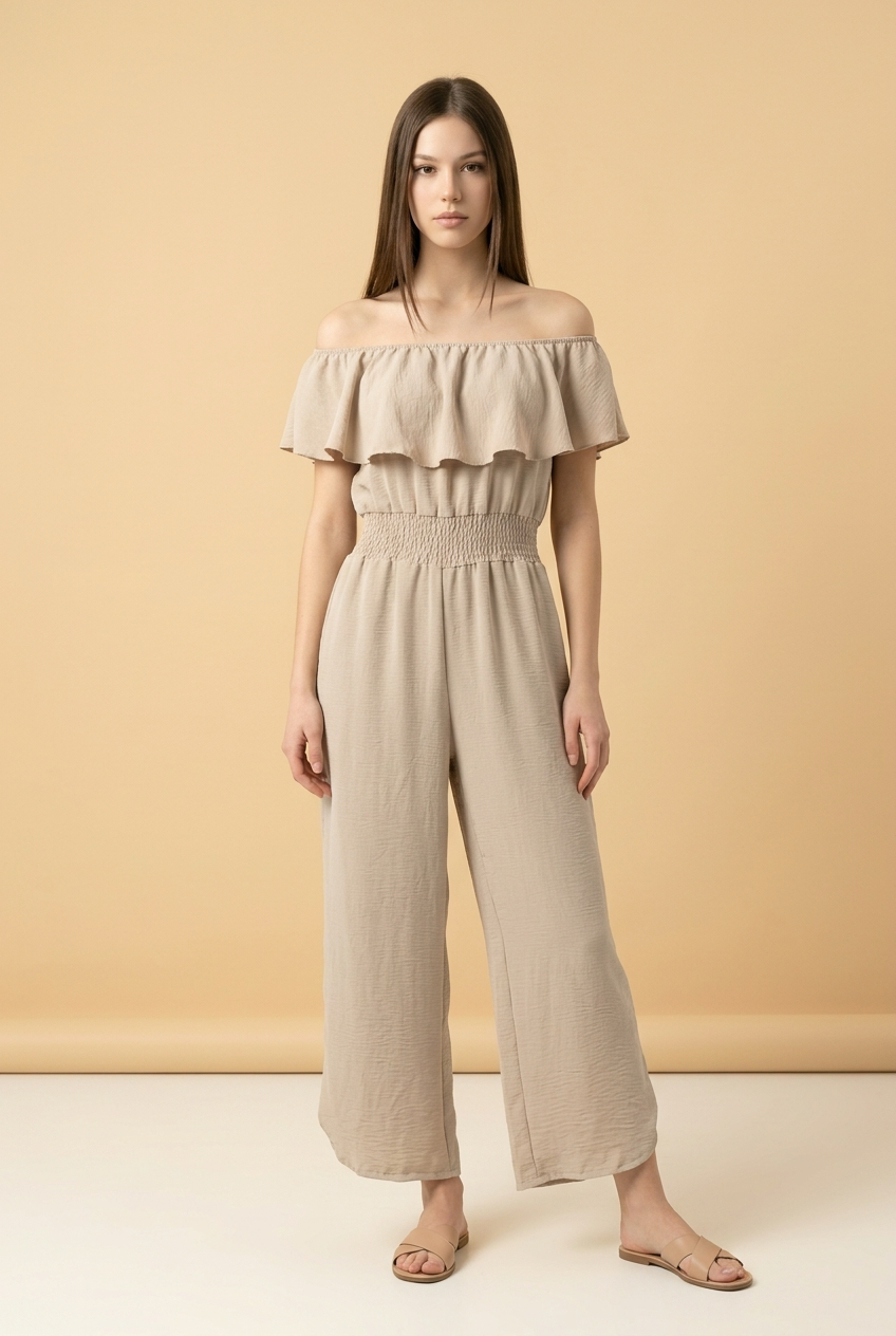 Off-Shoulder Jumpsuit Beige