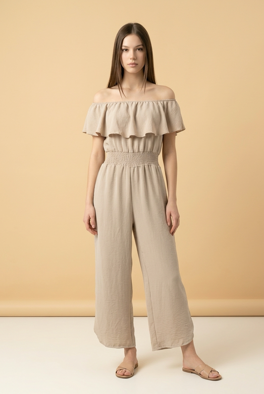 Off-Shoulder Jumpsuit Beige