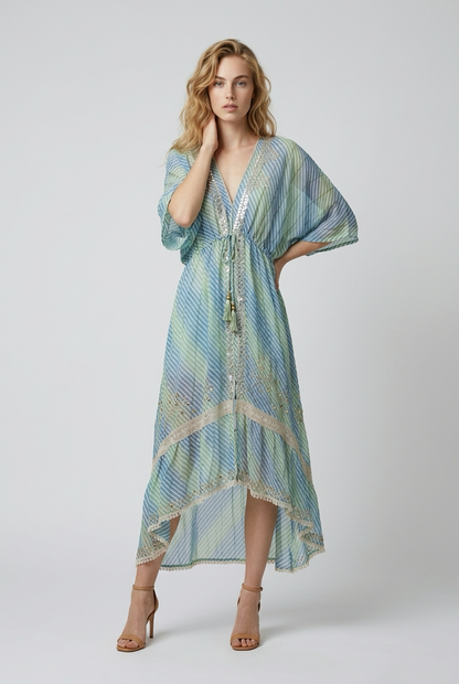 Boho maxi jurk in blauw en groen