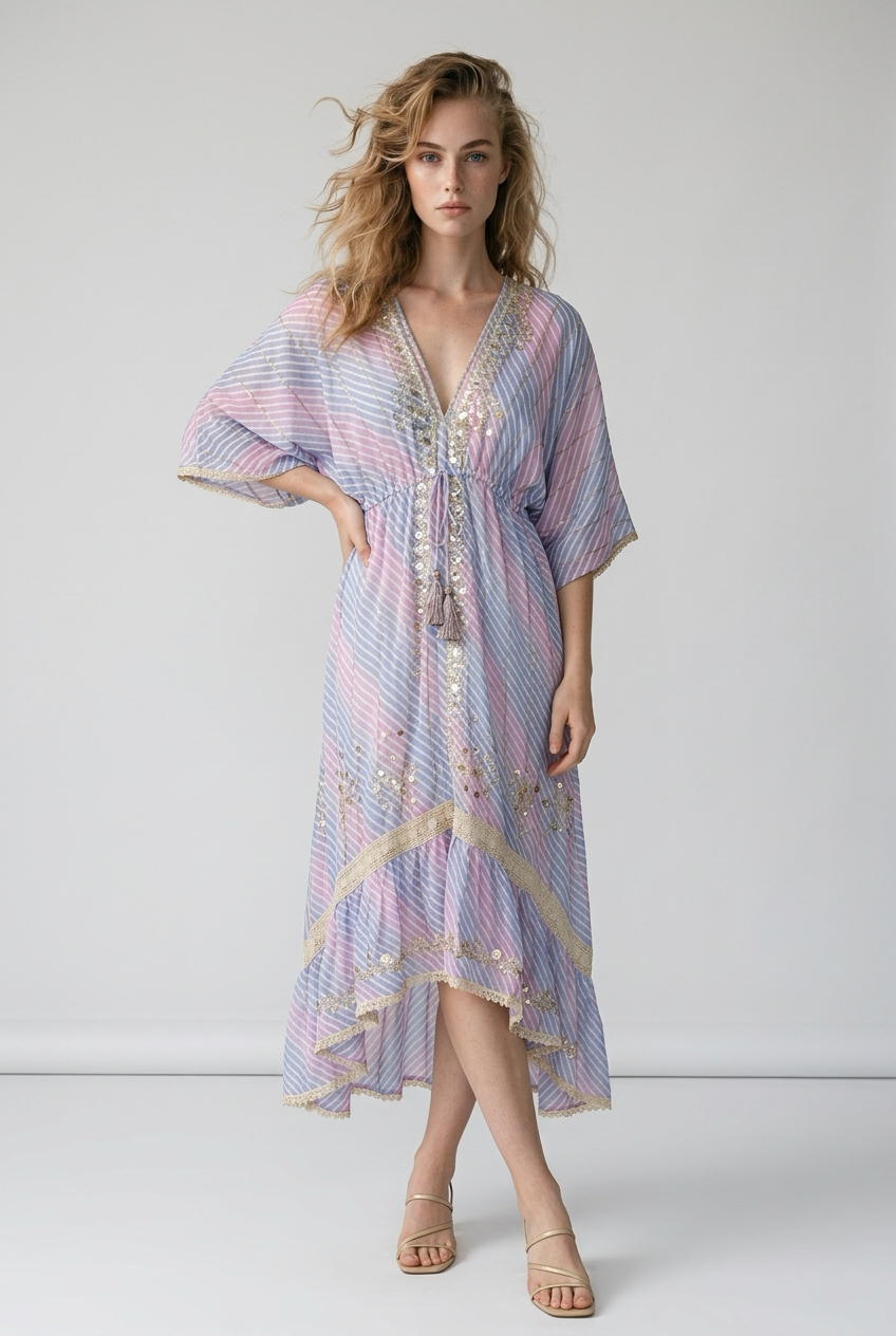 Boho maxi jurk in lila en roze