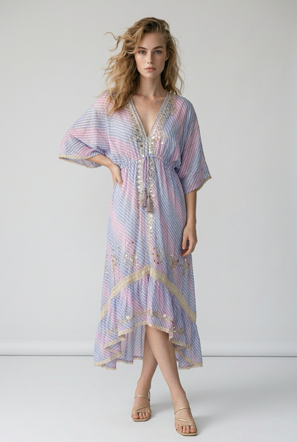Boho maxi jurk in lila en roze