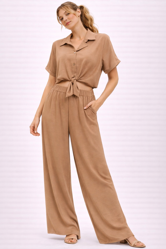 Camel 2-delige set met knoopblouse
