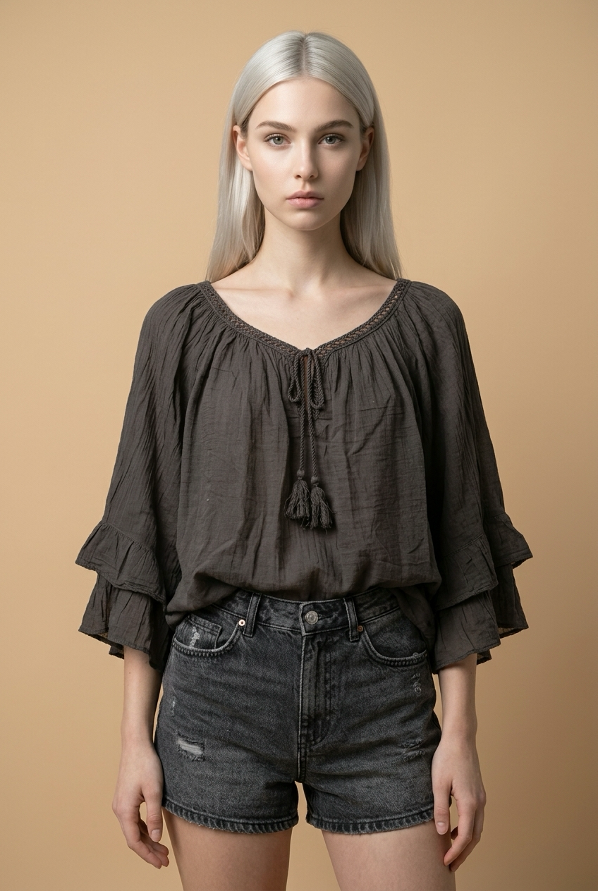 Choco Bruine Blouse met Volantmouwen