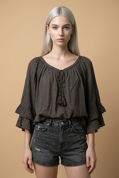 Choco Bruine Blouse met Volantmouwen