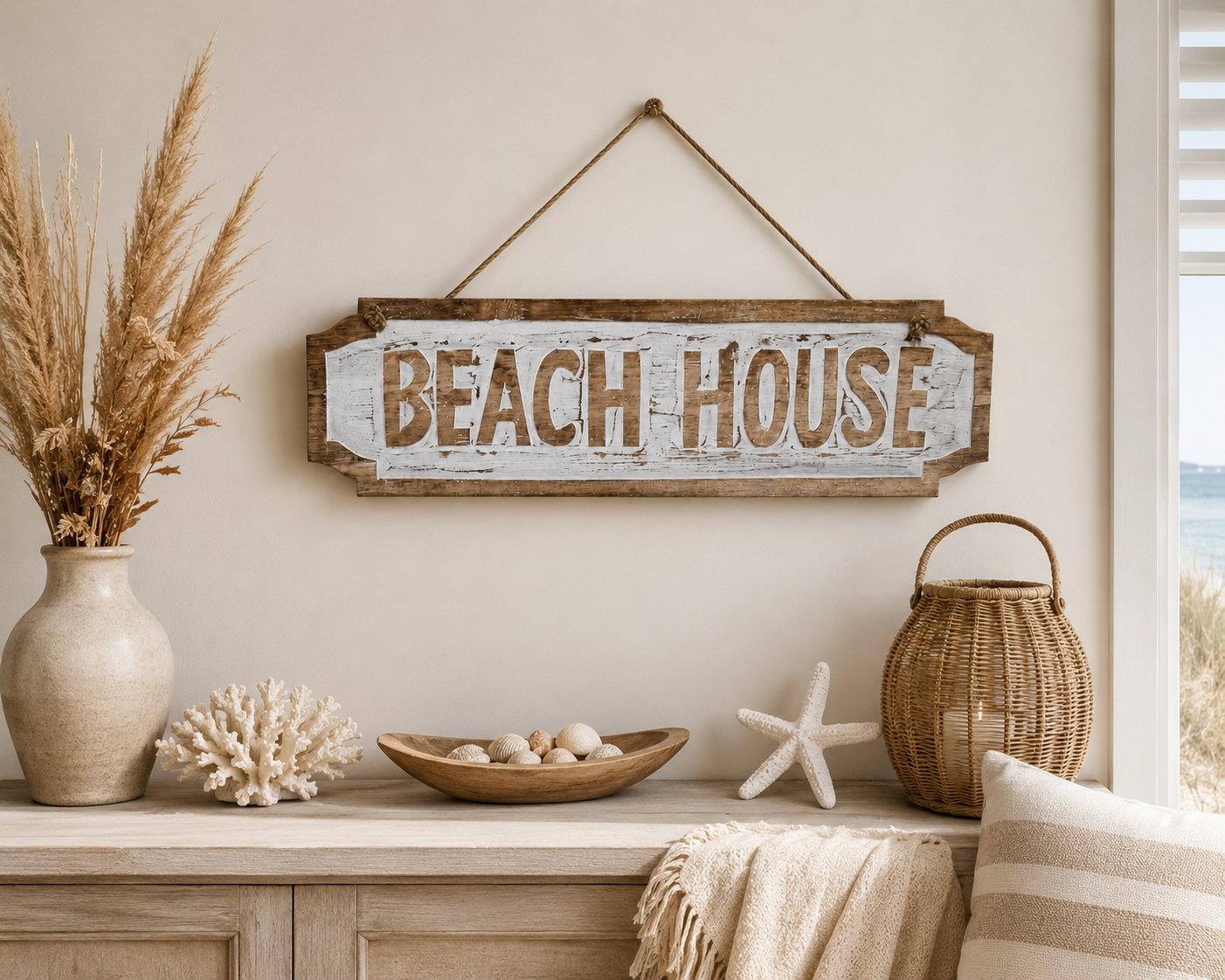 Coastal wanddecoratie met beach house tekst