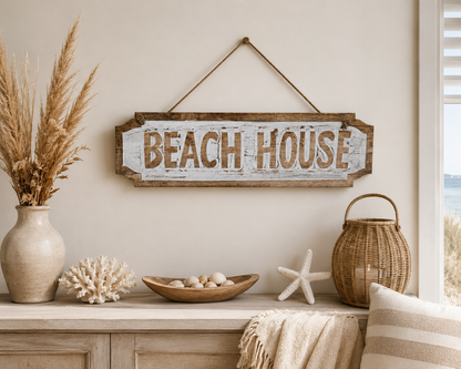 Coastal wanddecoratie met beach house tekst