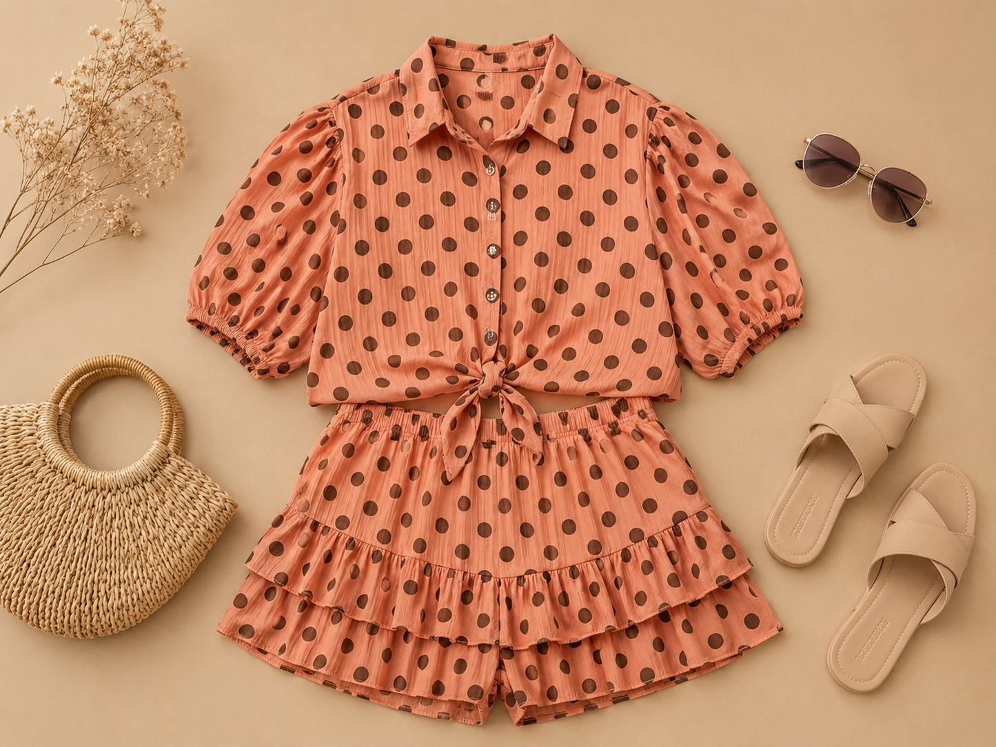 Dames set met bruine stippen
Trendy polkadot set voor dames