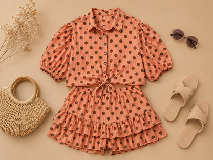 Dames set met bruine stippen
Trendy polkadot set voor dames