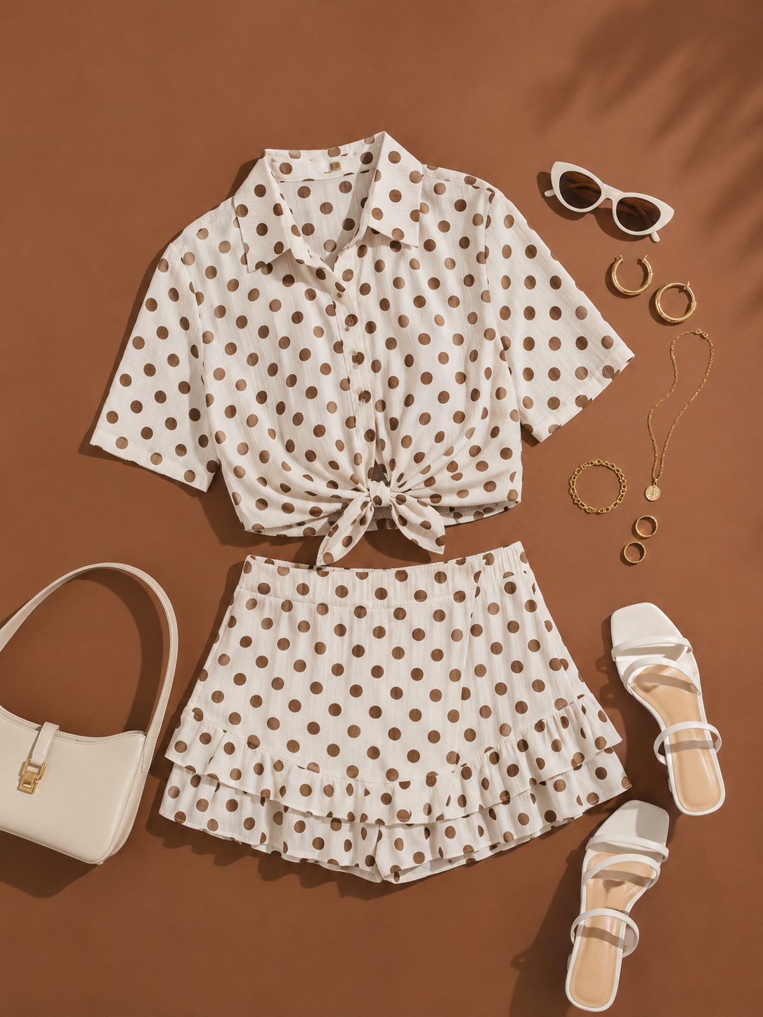 Dames set met bruine stippen
Trendy polkadot set voor dames