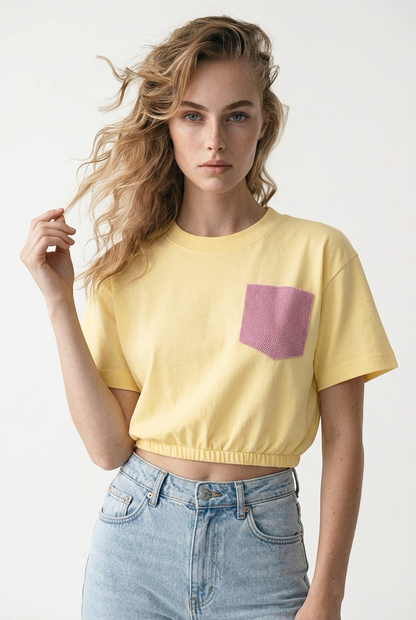 Crop ballon top geel met roze glitter zakje