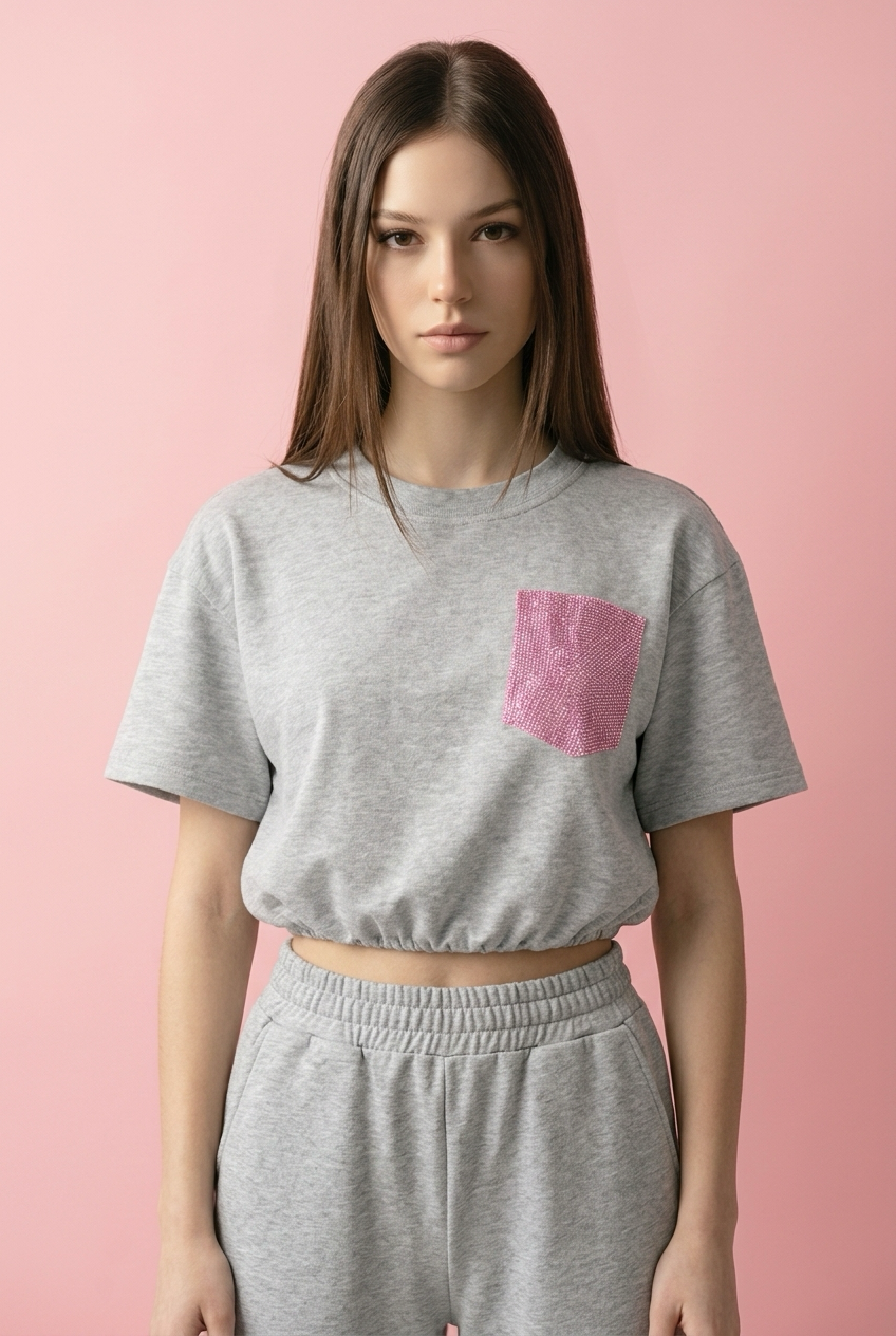 Crop ballon top grijs met roze glitter zakje