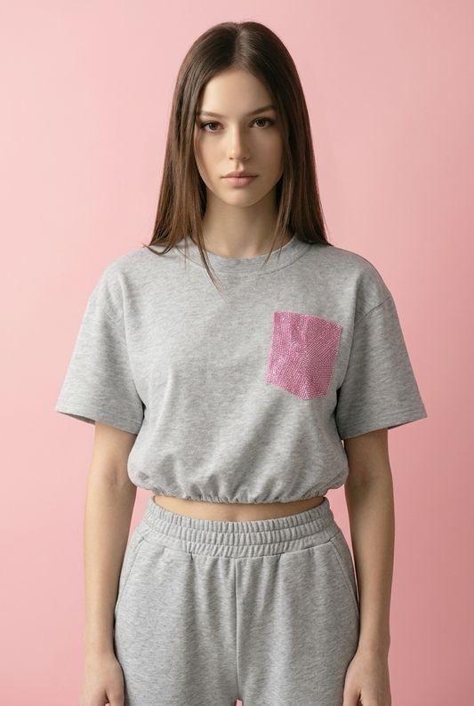 Crop ballon top grijs met roze glitter zakje
