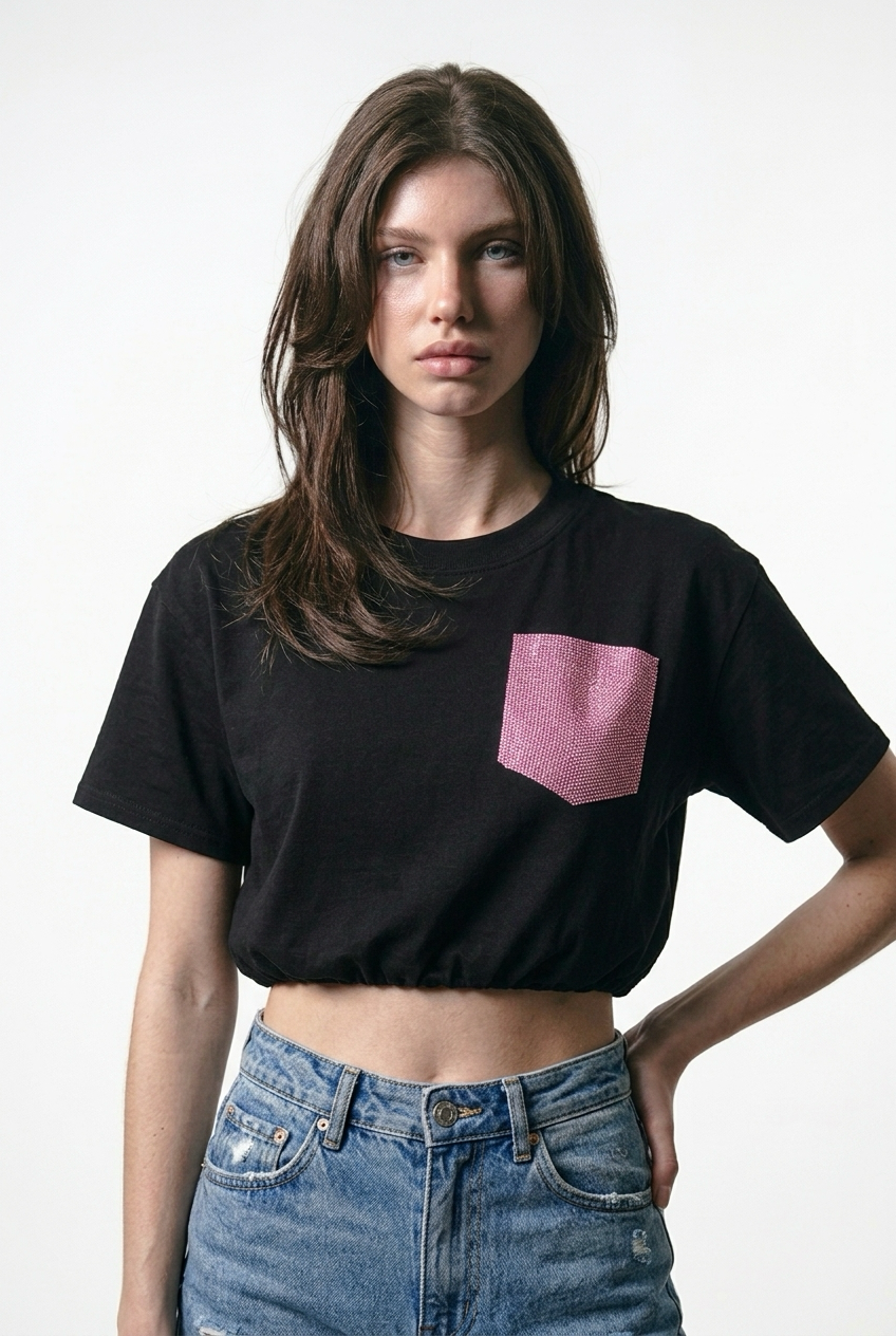 Crop ballon top zwart met roze glitter zakje