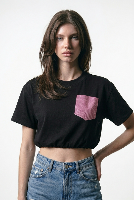 Crop ballon top zwart met roze glitter zakje