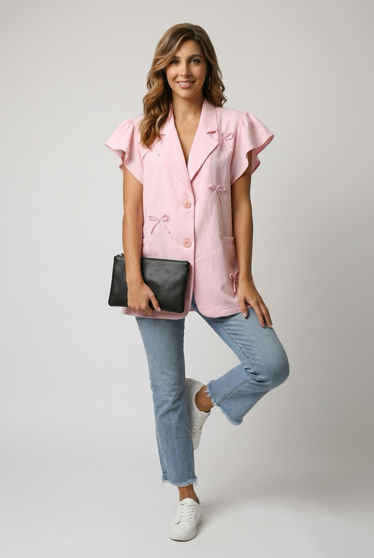 Dames gilet met strikdetails in zachtroze