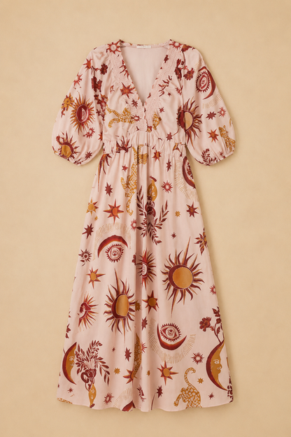 Damesjurk met elastische taille
Lange jurk in beige, roze en bruine tinten