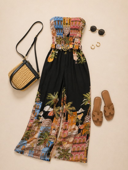 Elegante strapless jumpsuit met zomerse print