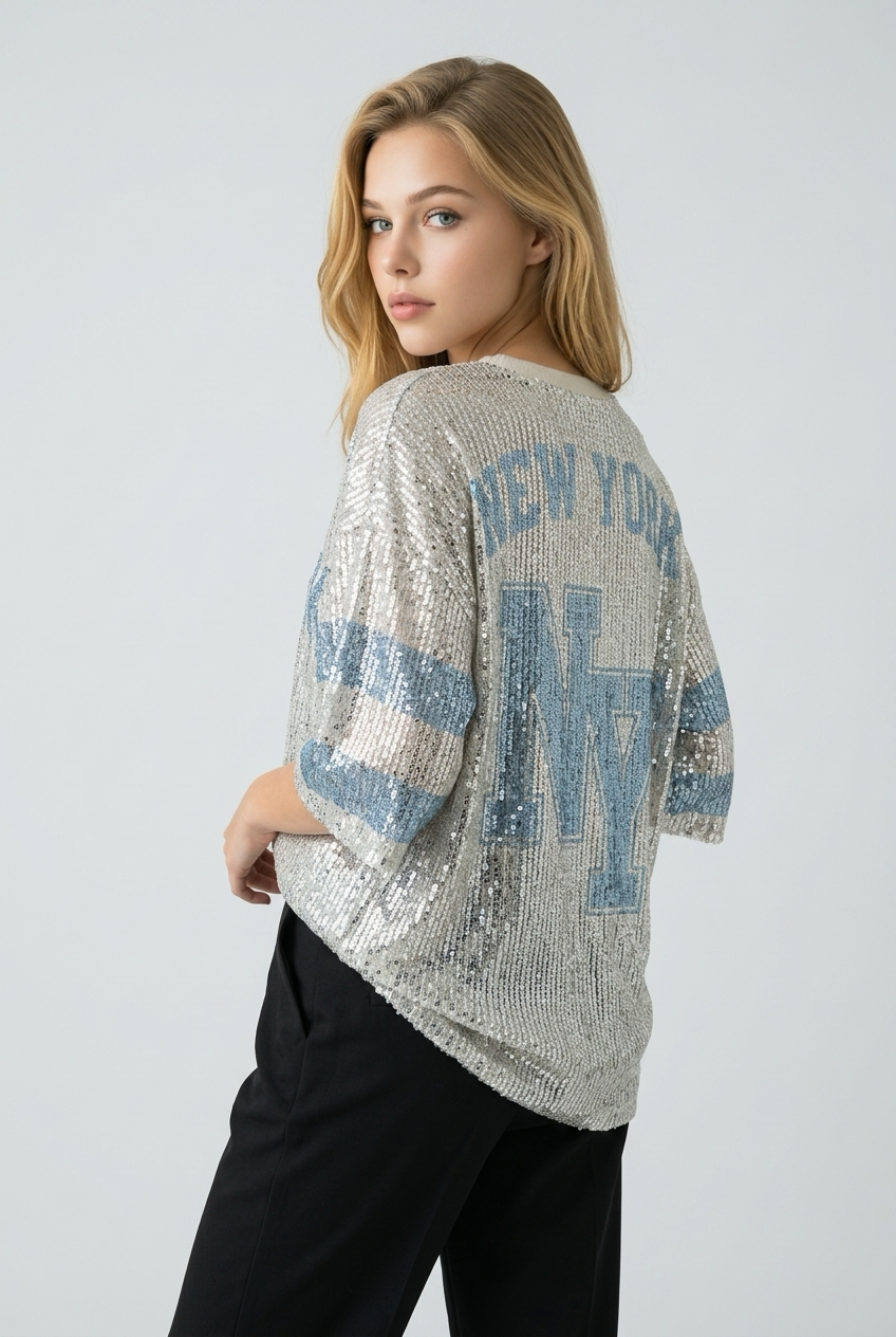Glitter shirt dames zilver blauw