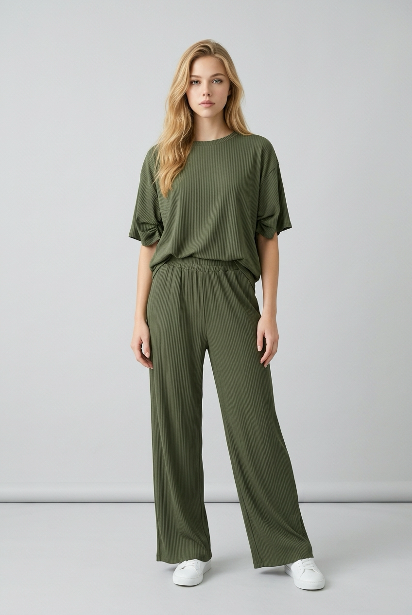 Groene 2-delige rib set dames