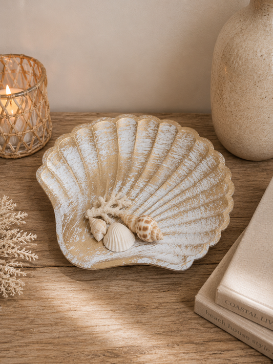 Houten schelp schaal in naturel tinten