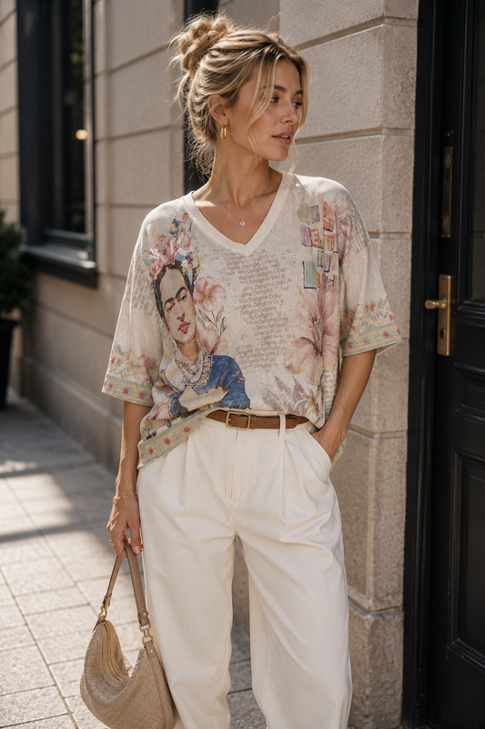 Lurex Top met Artistieke Print Beige/Multi